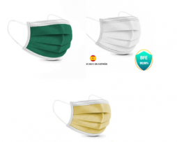 MASCARILLAS QUIRURGICAS DESECHABLES TIPO IIR – BFE > 98% – CERTIFICADO CE – UNE EN 14683:2019+AC:2019 – FABRICADO EN ESPAÑA – CLIP NASAL AJUSTABLE – 3 CAPAS – COLOR VERDES, BLANCO, BEIGE, BURDEOS – PACK 40